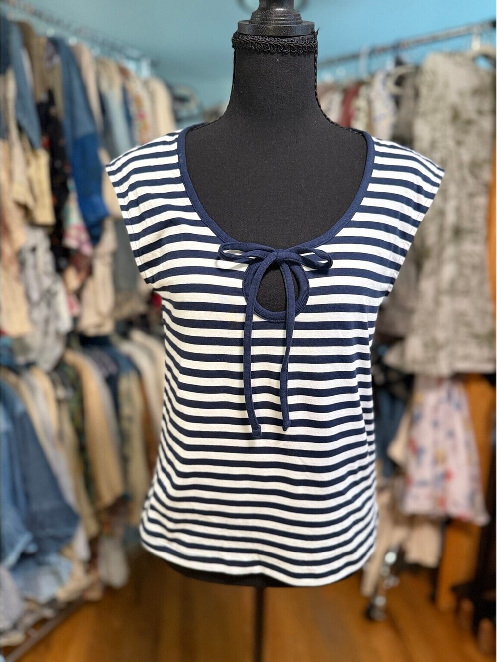 NATION LTD Kacy Tank Navy City Stripe Keyhole Tie Pima Cotton Top NWT Small